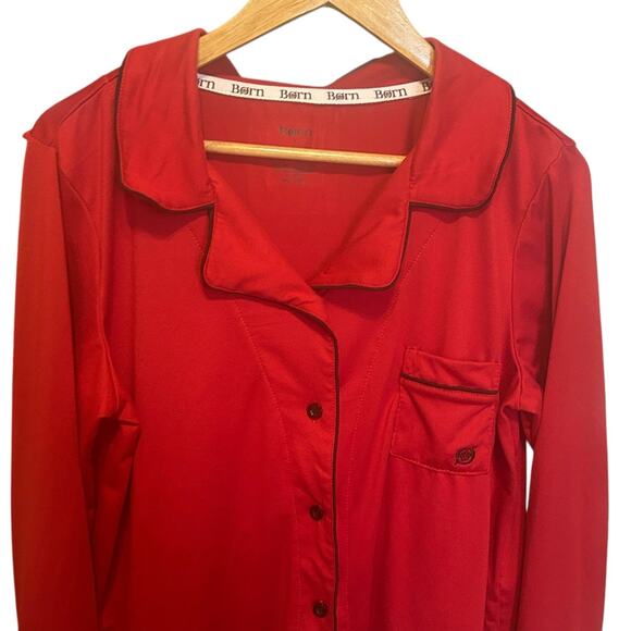 Born Women Pajama Top L Red Button Up Lounge Sleep‎ Shirt Piped Trim Stretchy - Picture 5 of 8